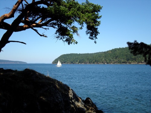 Sailboat in channel